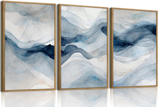 myusuar 3 Piece Large Abstract Framed Wall Art For Living Room, Smoke Texture Ink Navy Blue Canvas Wall Art Modern Minimalist Art Prints Wall Décor For Bedroom Office 12x16in