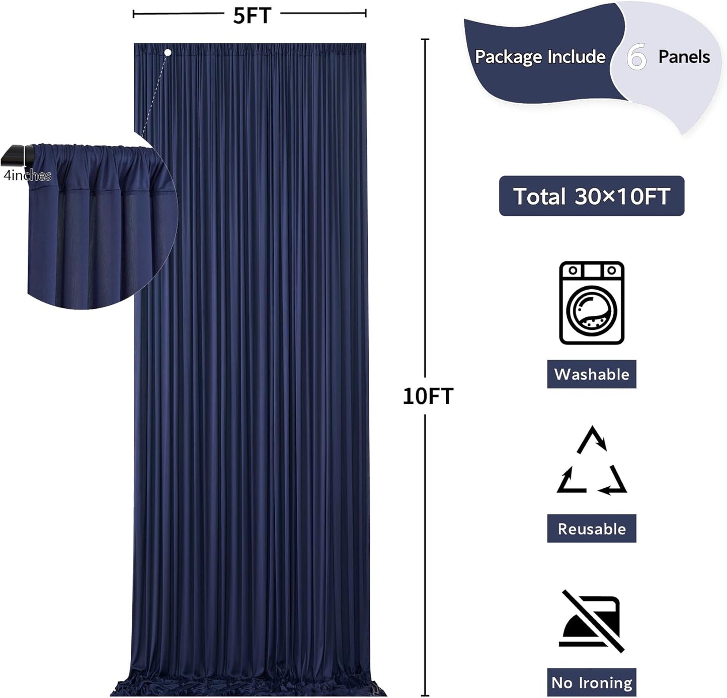 30 ft x 10 ft Wrinkle Free Navy Blue Backdrop Curtain for Parties,Polyester Photo Backdrop Drapes, Thick Background 6 Panels 5ft x 10ft for Baby Shower Wedding Birthday Party Backdrop Stand