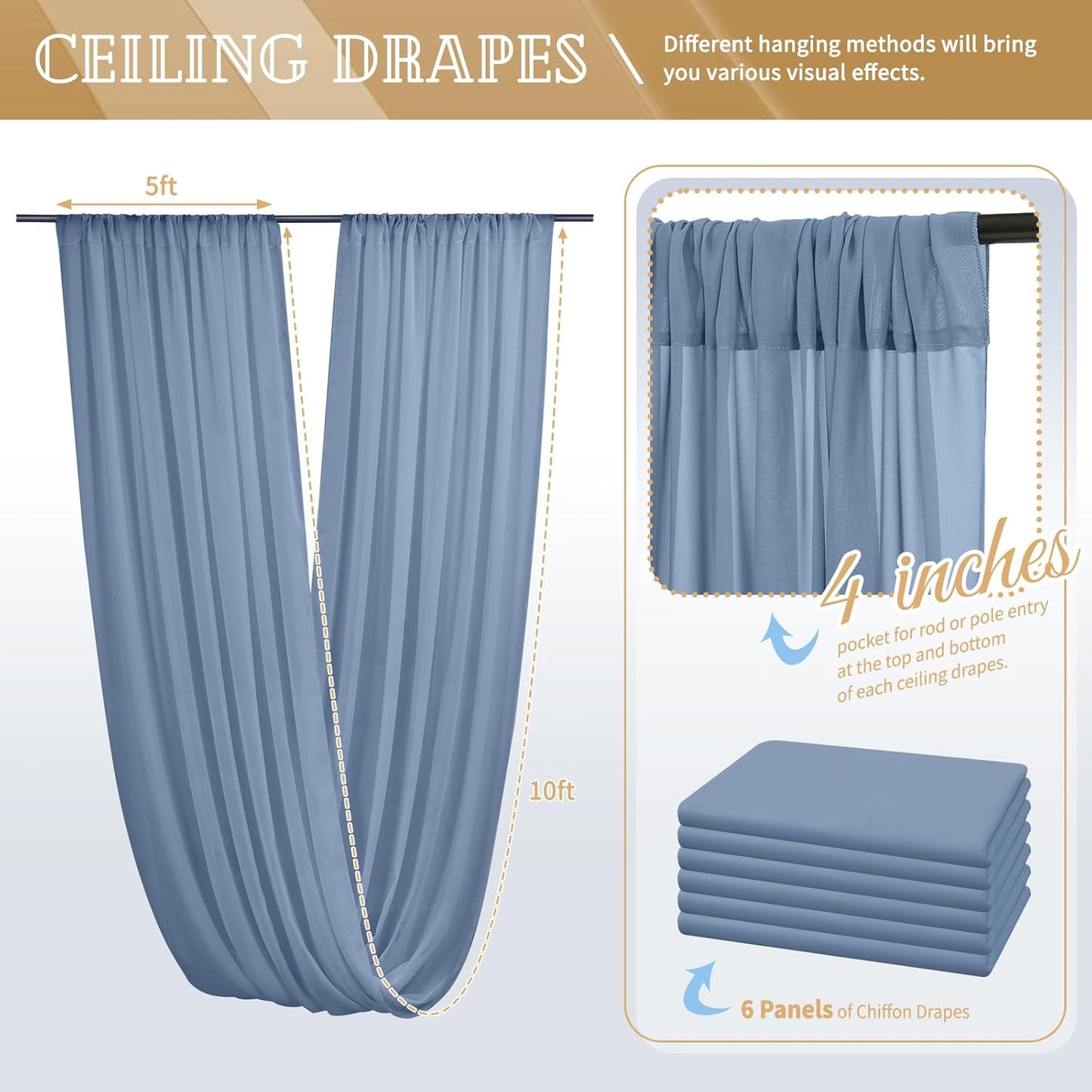 6 Panels Dusty Blue Ceiling Drapes for Wedding 5ftx10ft Chiffon Fabric Arch Draping Curtains Sheer Drapery for Party Ceremony Birthday Baby Shower Reception Stage Swag Ceiling Decorations