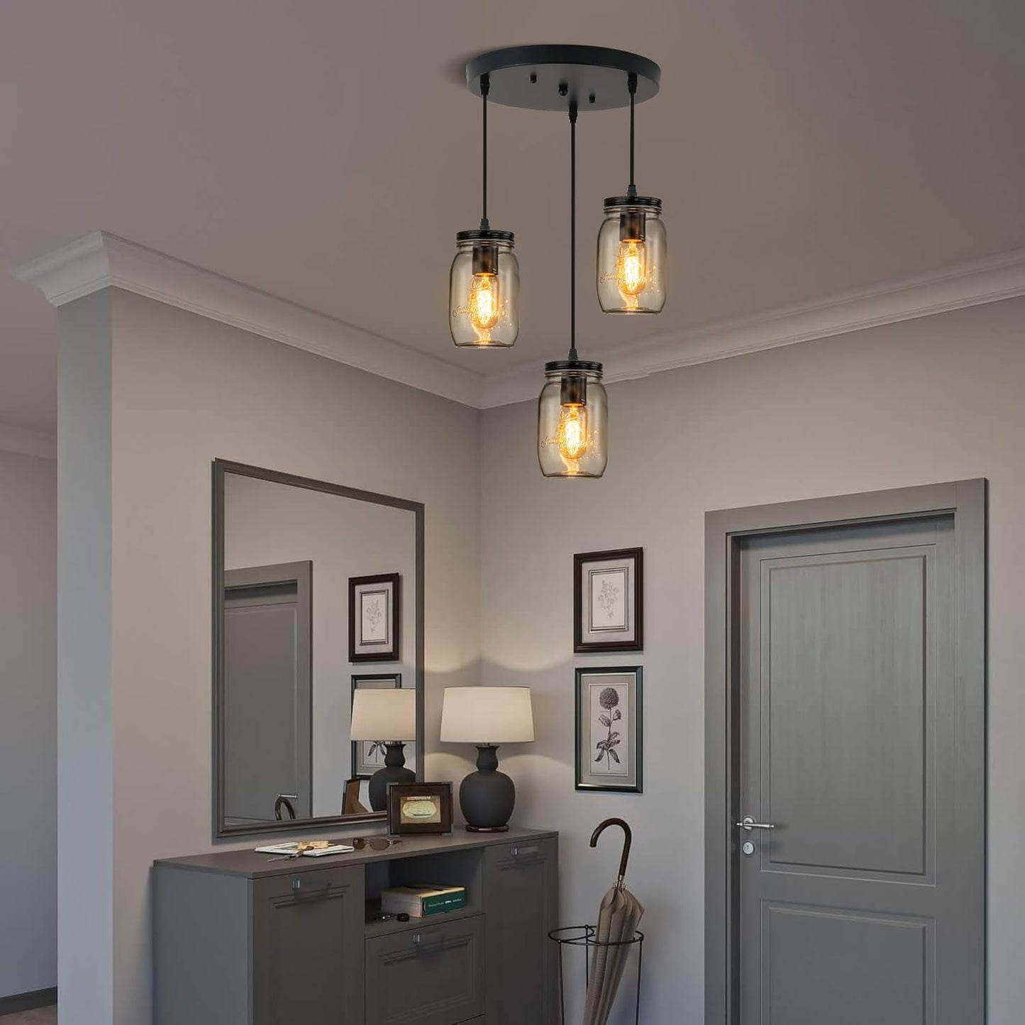 Kitchen Island Light, Adjustable Pendant Lighting,Glass Mason Jar Hanging Lamp (3-Light)