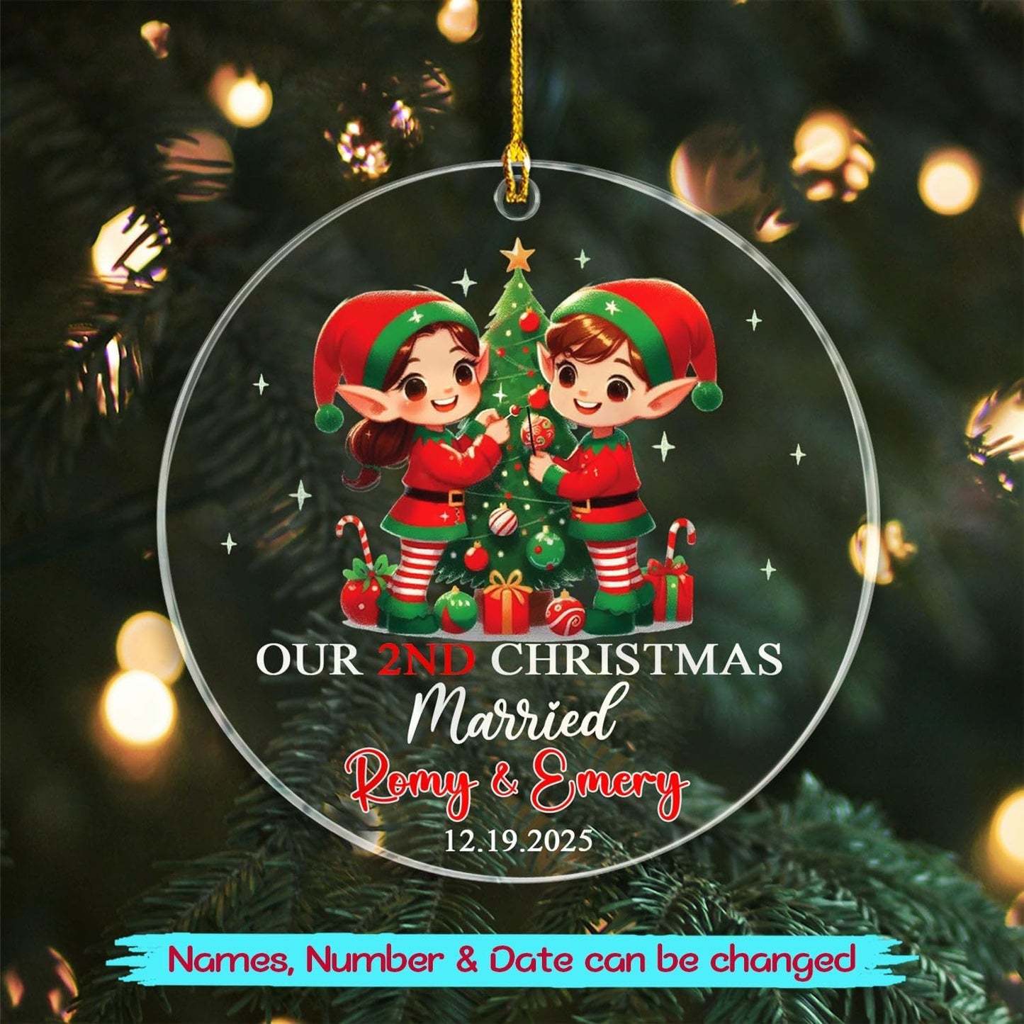 Customized Our 2ND Christmas Married Ornaments with Name & Date, Mr & Mrs Elf Married Ornament Gift for Wedding Anniversary, Personalized Mr & Mrs Elf Together Xmas Keepsake Ornament for Husband Wife