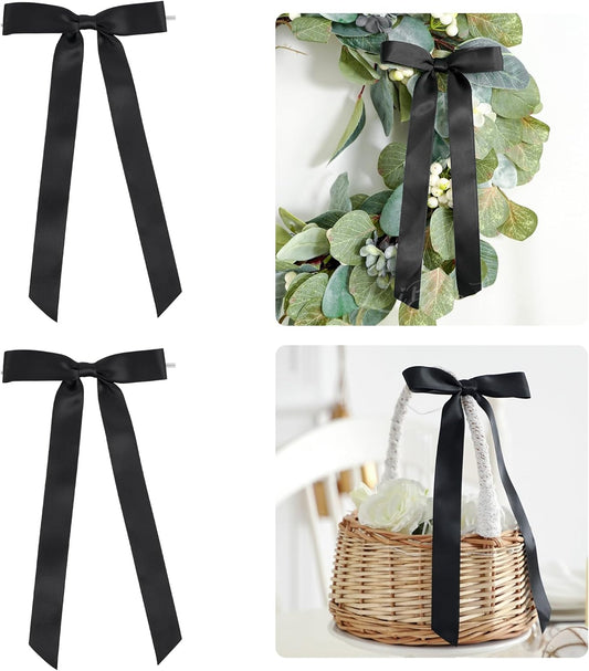 50 PCs Black Bow Decor 5.5'' Satin Bows with Long Tail, Twist Tie Bows for Craft, Packaging Ribbon Bows, Premade Bows for Cake Decorating, Gift Bows for Treat, Wedding Favor, Party