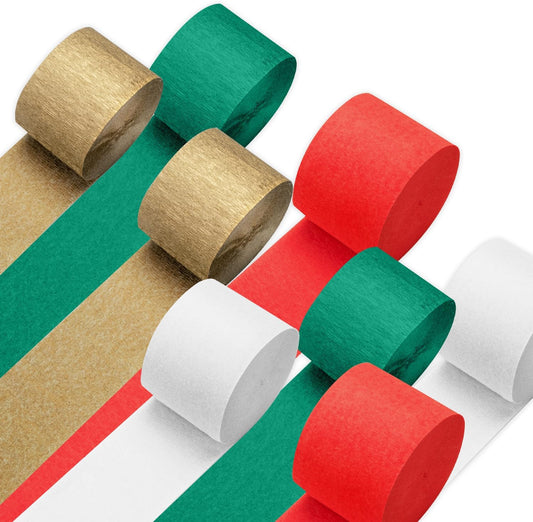 Crepe Paper Streamers 8 Rolls 656ft, Pack of Green, Red, Gold, White Party Streamers for Christmas Decorations, Streamers Party Decorations, Holiday Decorations Indoor (1.8 Inch x 82 Ft/Roll)