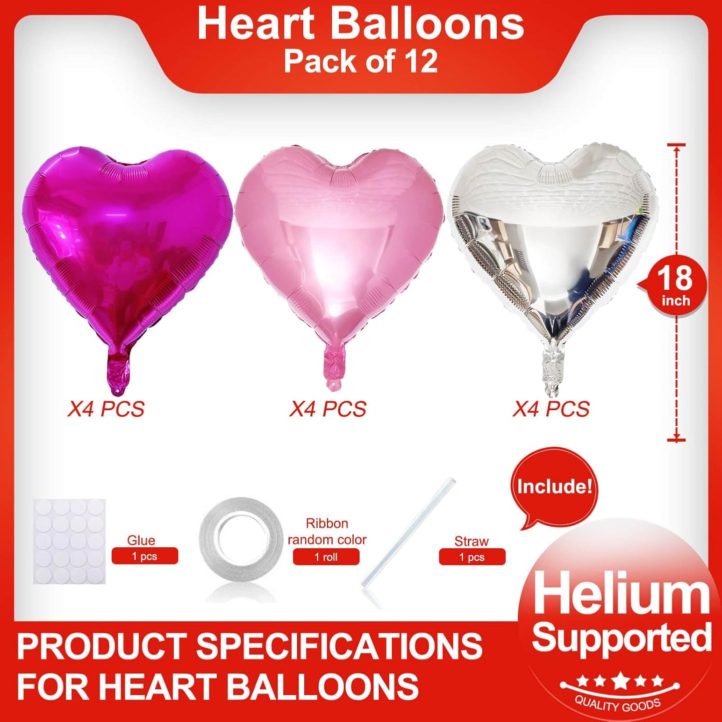 Hot Pink Heart Shaped balloons Pack of 12,18 Inch Silver Love Valentine Balloons Pink Heart Romantic Balloons For Valentines Day Wedding Bridal Shower Engagement Anniversary Party Decorations