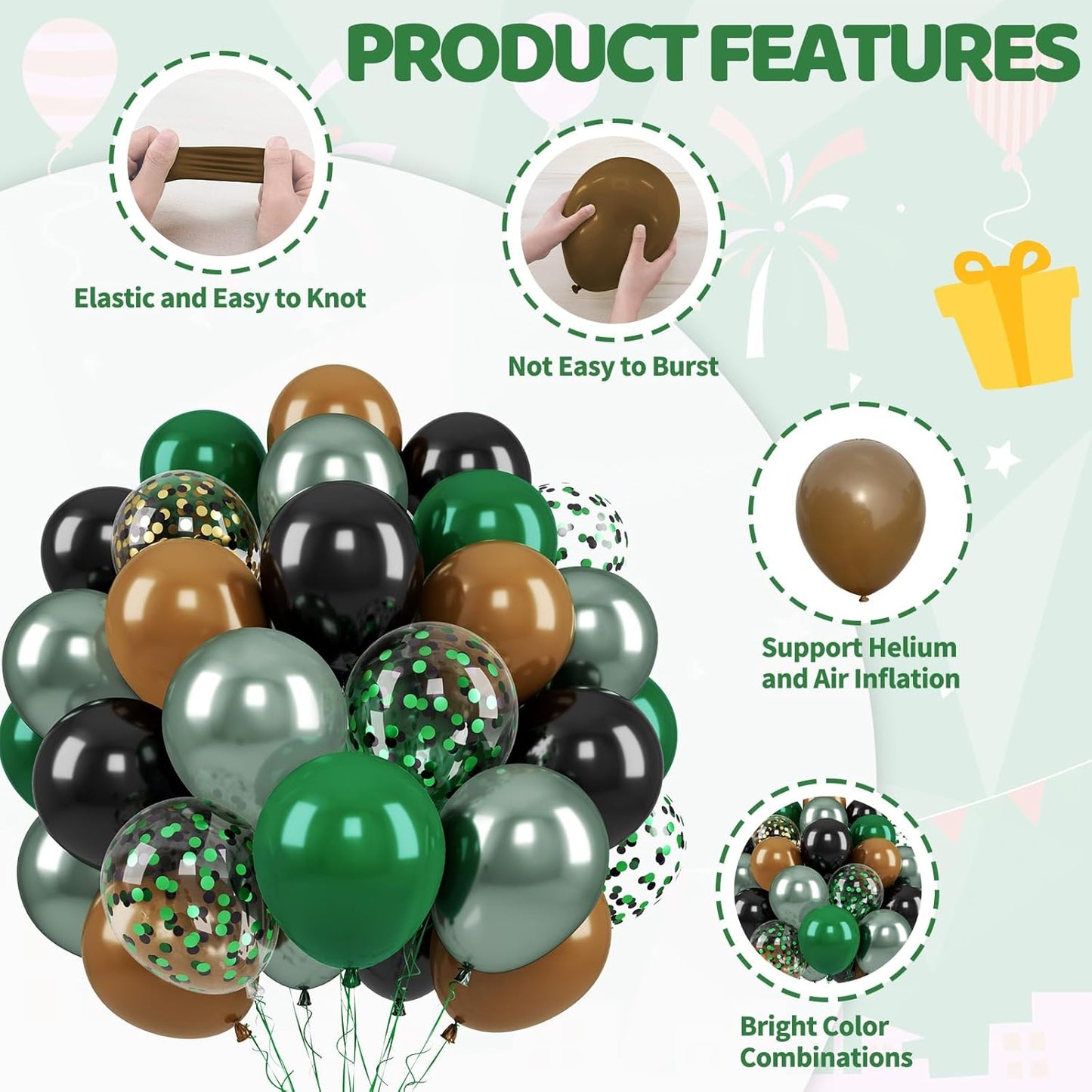 Paready Green and Brown Balloons, 50 Pcs Dark Green Black Confetti Balloon Retro Coffee Metallic Balloons Helium for Boys Camping Game Army Jungle Theme Camo Birthday Baby Shower Party Decorations