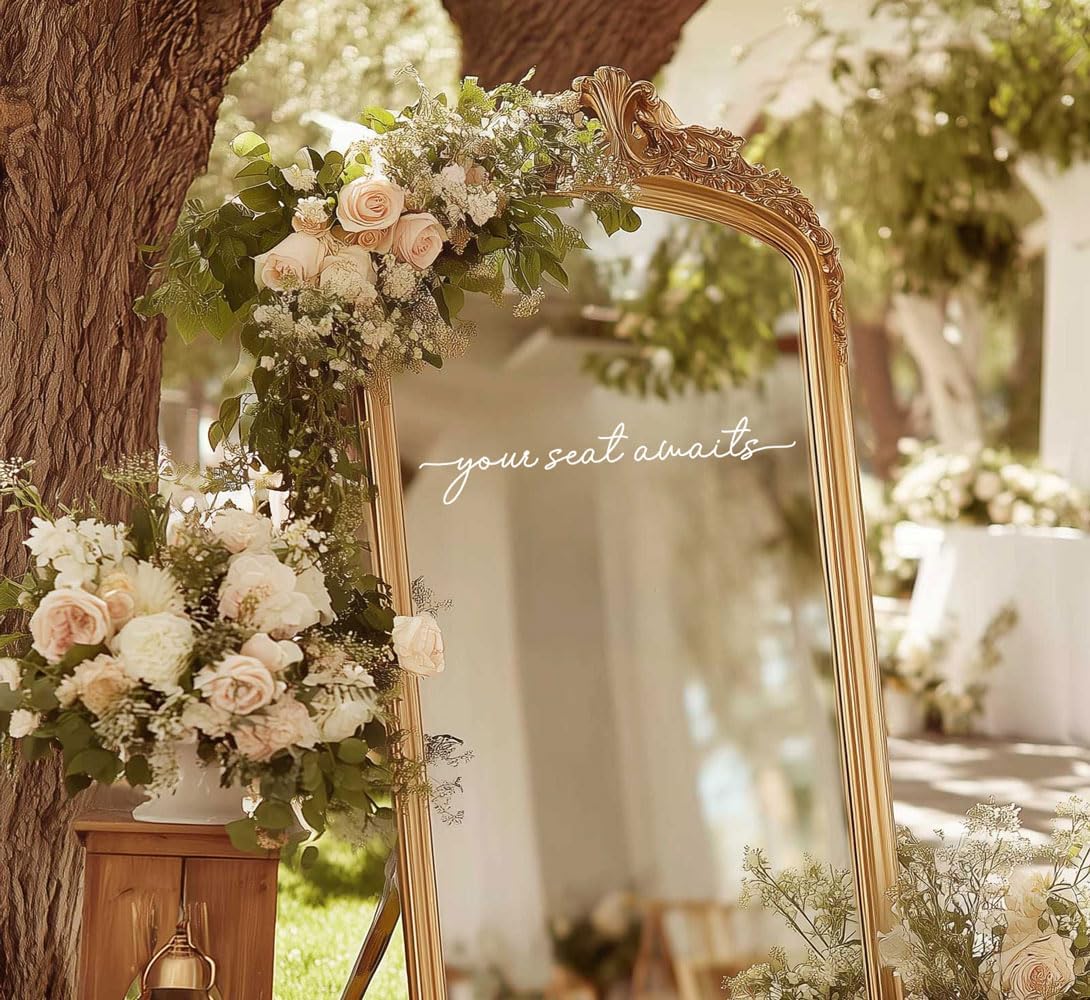 Your Seat Awaits Vinyl Decal, Wedding Seating Sticker, Mirror Decal for Seating, Please Find Your Seat Signs, Wedding Decor Sign (White, Width 20")