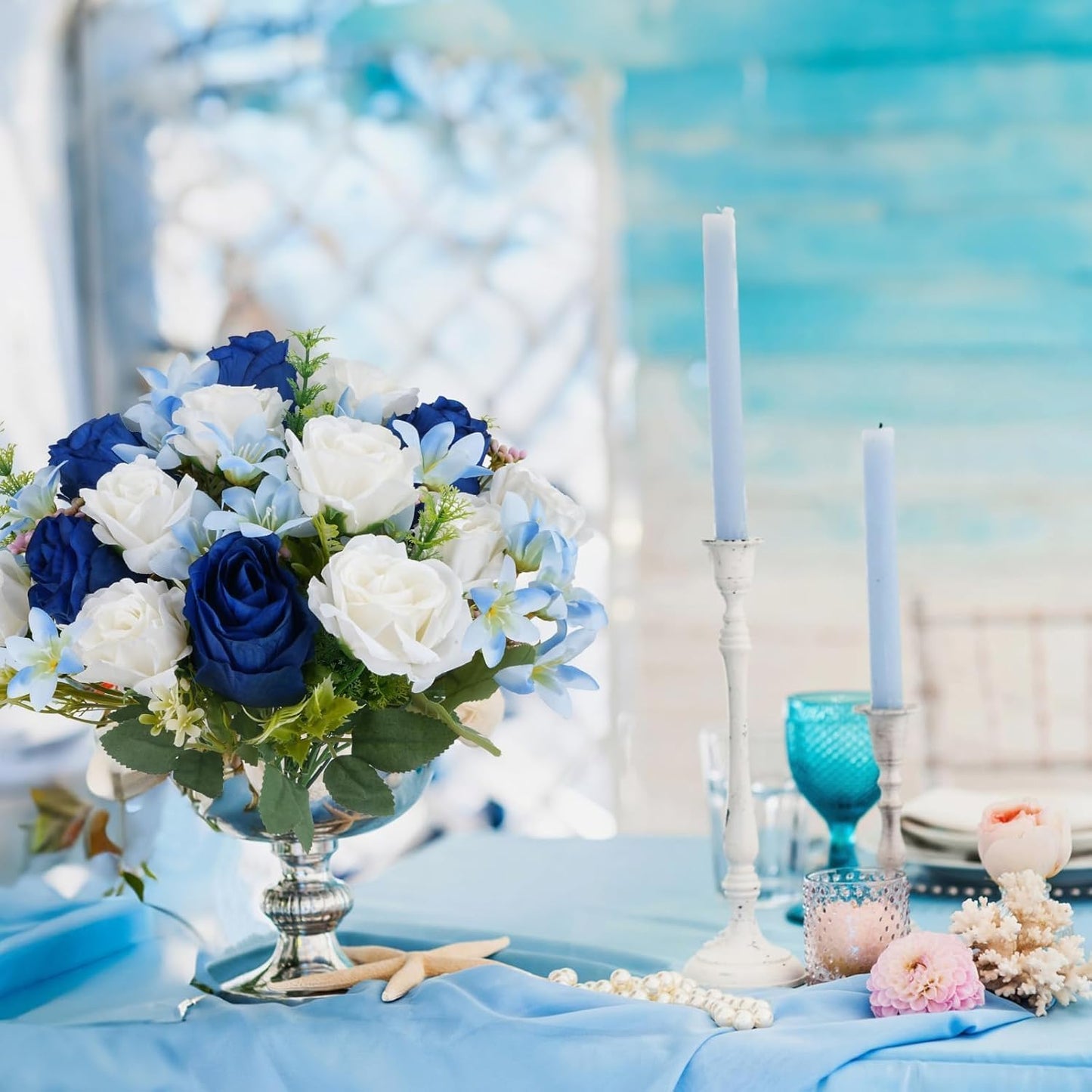 14" Fake Flower Bouquets Artificial Silk Rose Flowers Picks Decorations Faux White Blue Roses Floral Flower for Wedding Bride Spring Summer Table Centerpieces Home Kitchen Decor