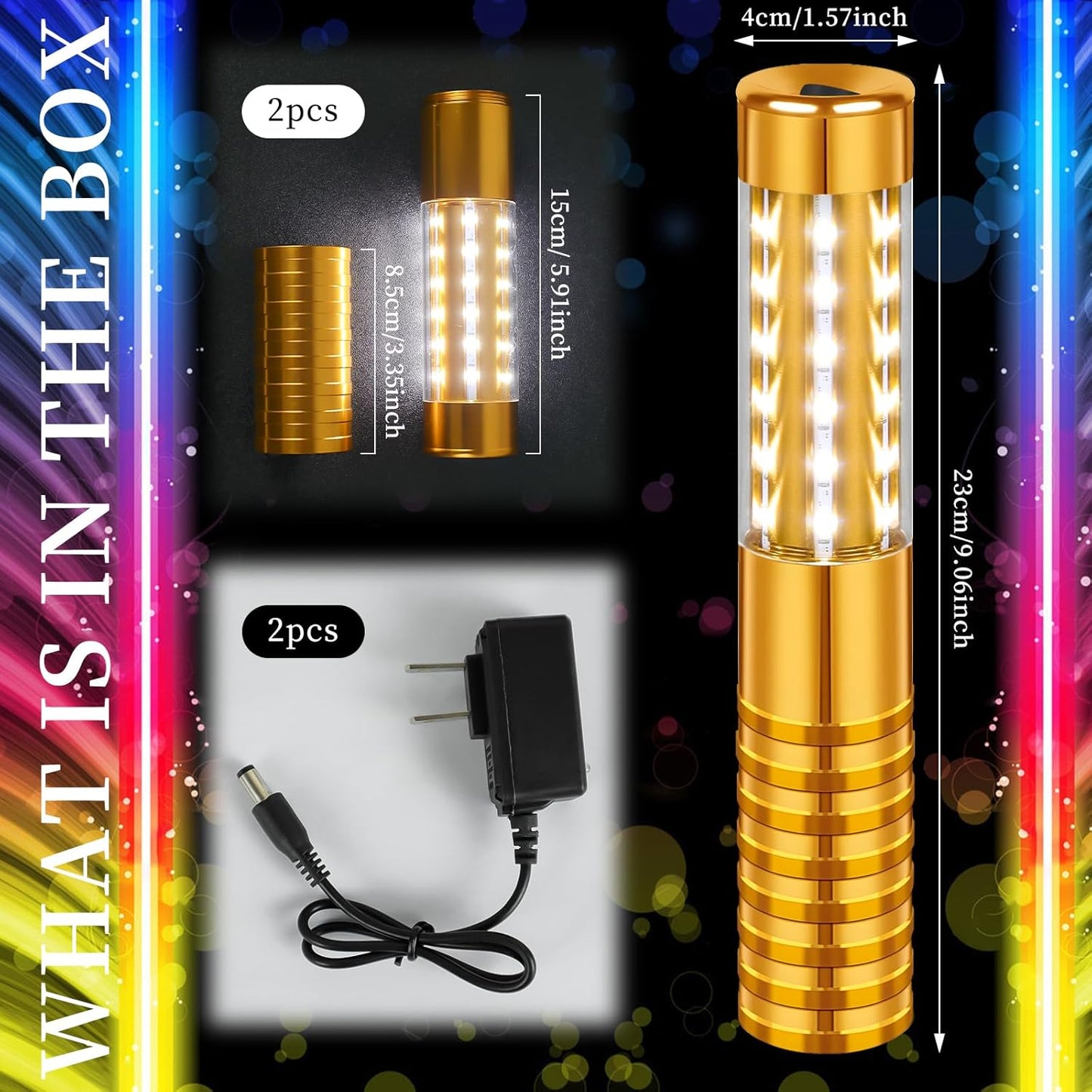 2 Pieces LED Strobe Baton Light Rechargeable Bottle Service Sparklers Stick Reusable Champagne Bottle Handheld LED for Club Stage Nightclub Party Concert Event Bar Outdoor - Gold