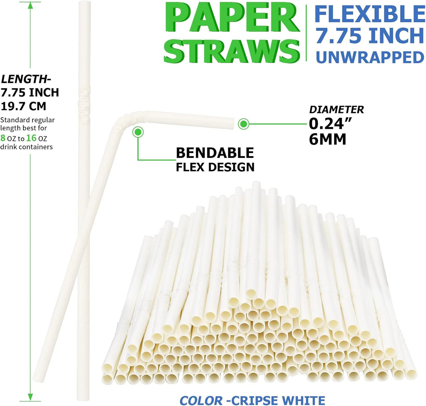 Bendable Paper Straws for Drinking, White, 7 3/4 inches, 250 Count - Great for Kids, Elderly, Home and Restaurant