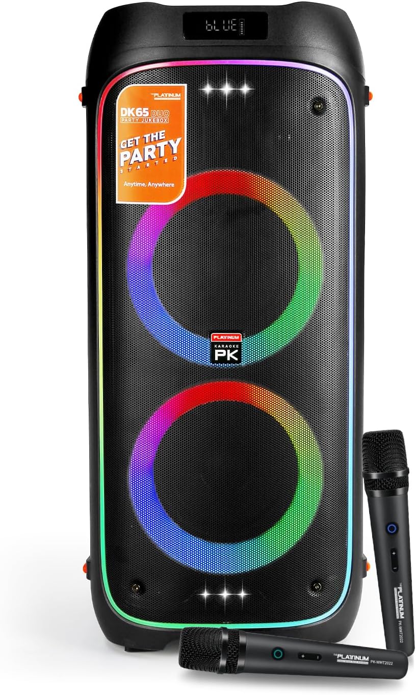 The Platinum DK65 Bluetooth Party Speaker, Karaoke Machine for Adults with 2 Wireless Microphones and Powerful bass & subwoofer, RGB Lights, Features Over 23k Songs for Outdoor & Home