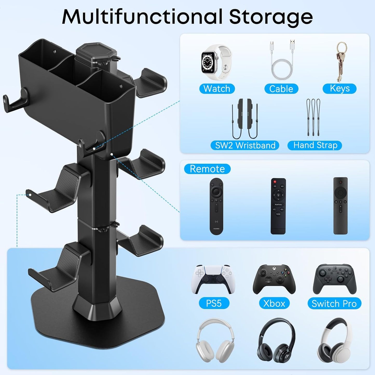 Controller Holder with Remote Control Storage Box, Headset and Controller Stand for Desk, Headphone Stand with Two Hooks for Watch Cable Key Chain, Gaming Accessories for P5/P4/Xbox/Switch