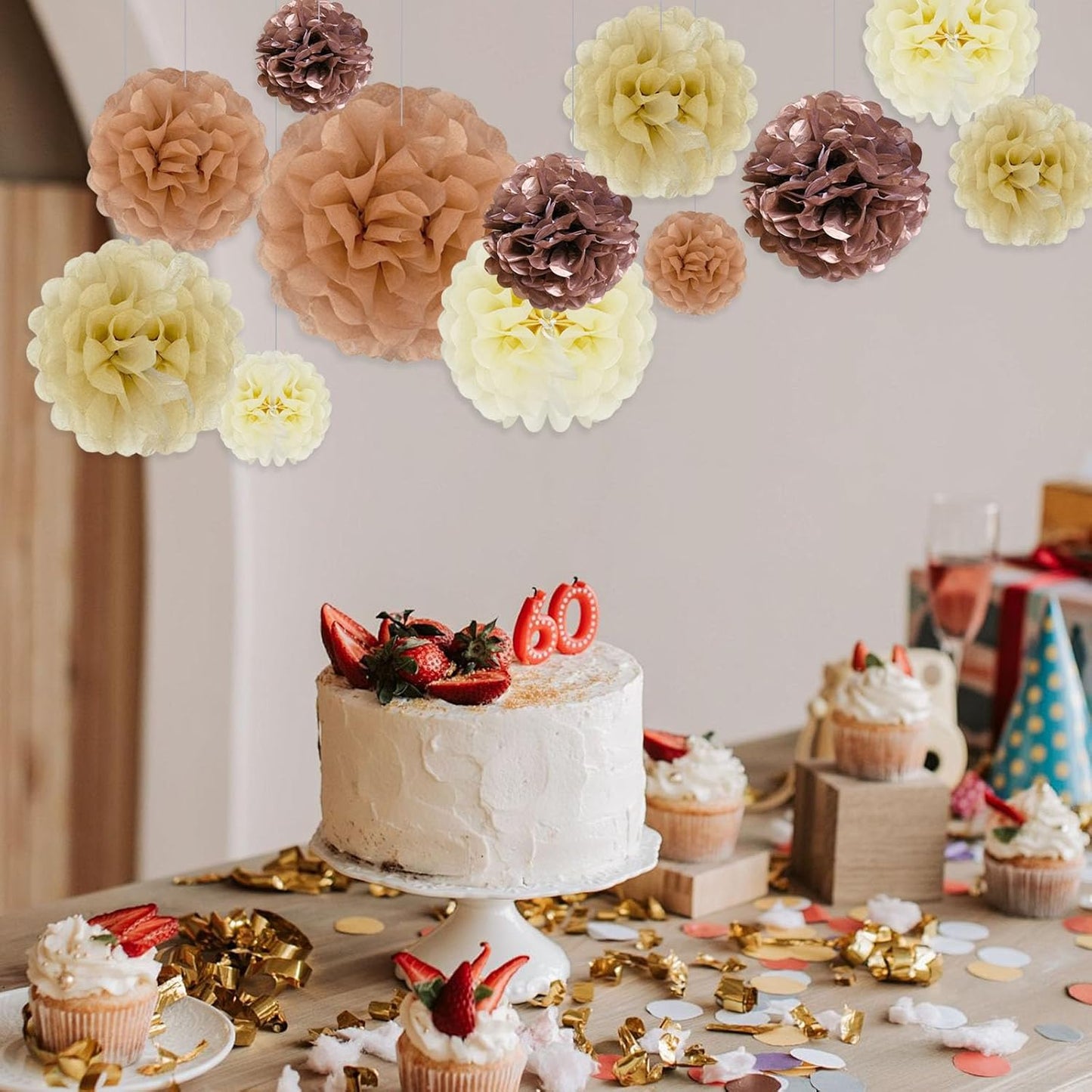 Tissue Paper Pom Poms, Ivory Khaki Rose Gold Nude Pink Tissue Paper Flowers, Hanging Flower Balls for Weddings Fiesta Parties Birthday Baby Showers Classroom Decoration (20Piece Set-6/10/12/14Inch)