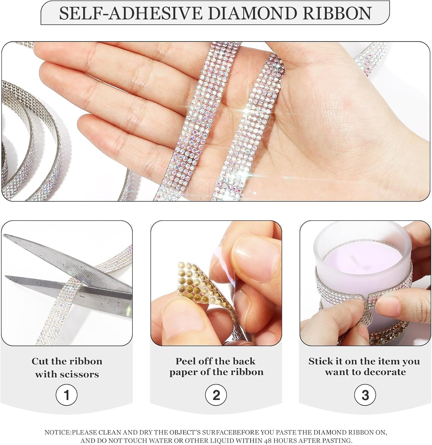 Rhinestone Ribbon 3 Yards Self Adhesive Rhinestone Strips Diamond Ribbon Sticker Crystal Roll Glitter Bling 2mm Rhinestones Tape for Crafting DIY Art Decoration (Silver AB,0.4 Inch)