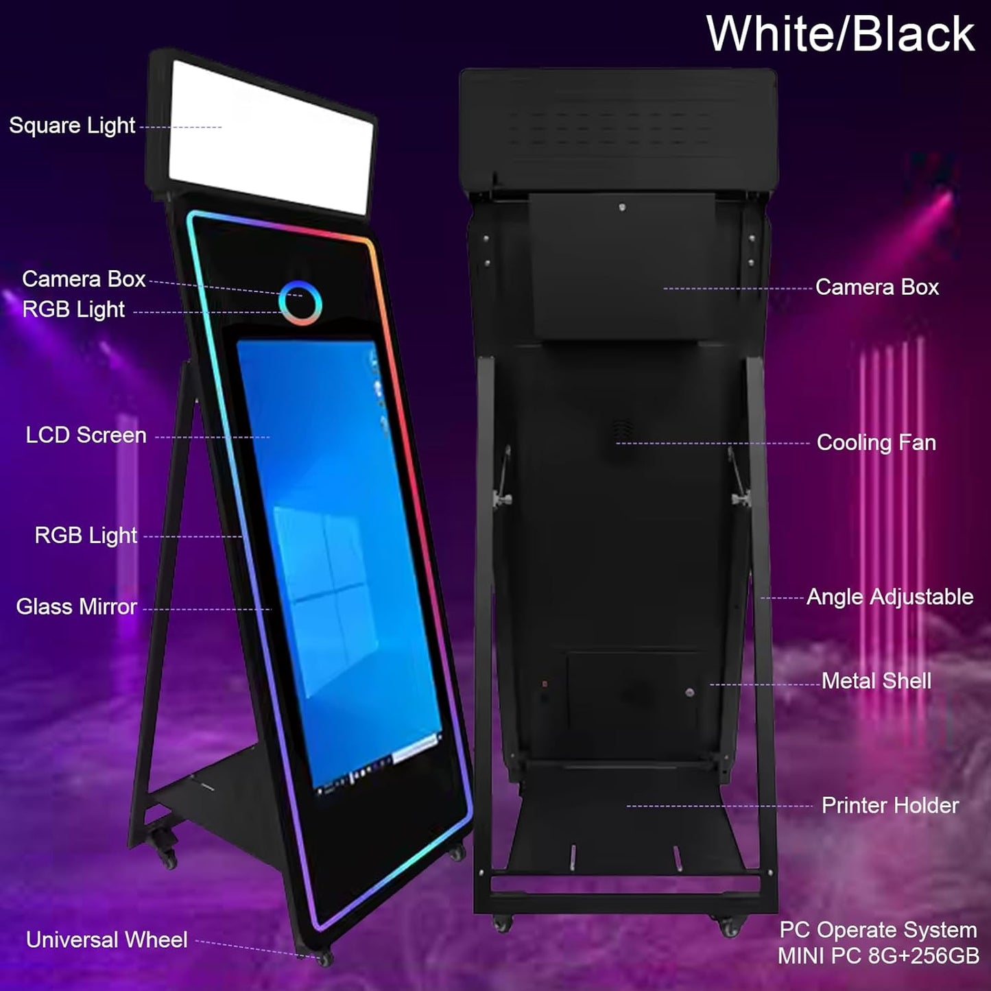 65''Magic Mirror Photo Booth Machine,Mirror Photo Booth 43''Touch Screen,Photo Booth with Flight Case,App Control,RGB Light for Wedding Party Events (White, Machine)