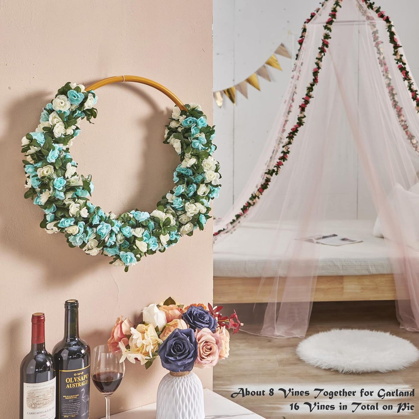 8 Pcs x 8.2 ft Flower Garland Artificial Rose Vine Flowers with Green Leaves Hanging Fake Roses Vine for Room Party Home Wedding Birthday Christmas Wall Arch Decor, White Blue Flower