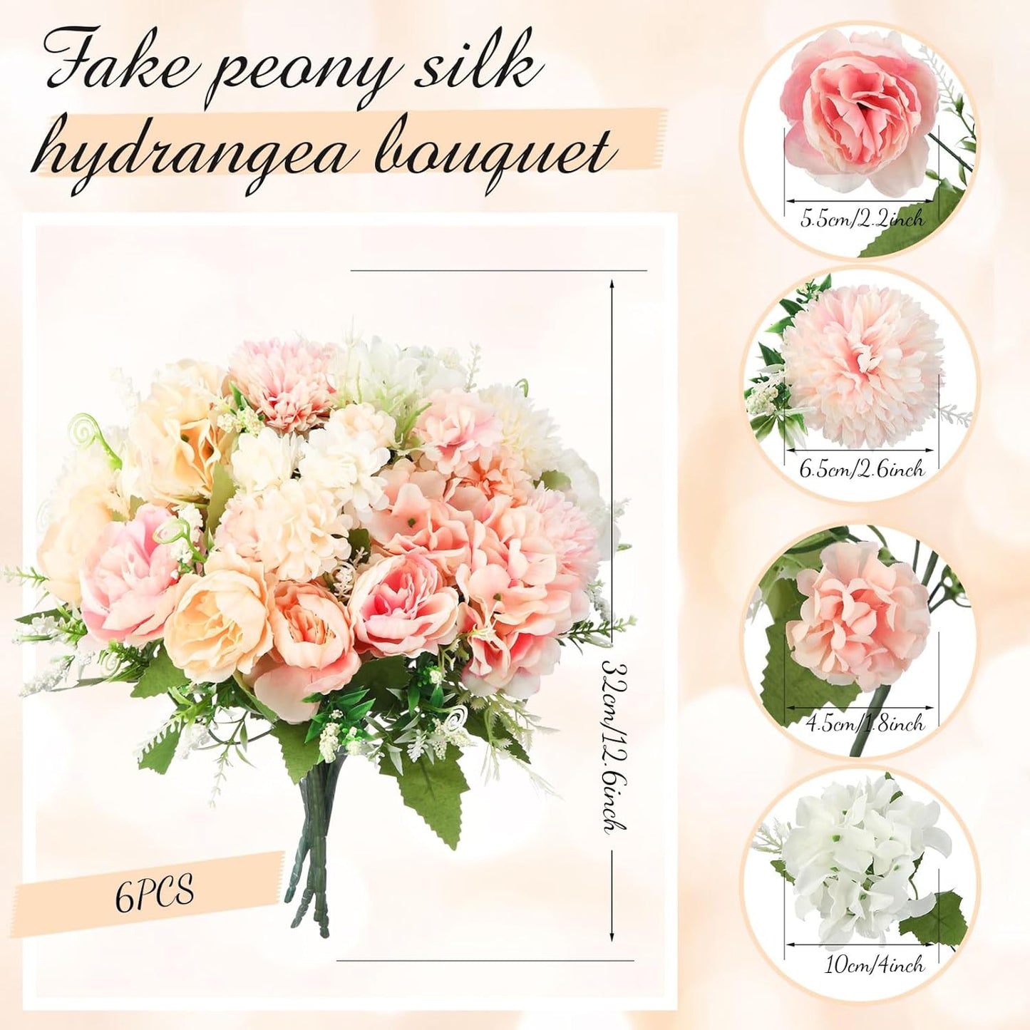 Tigeen Artificial Flowers Artificial Peonies Silk Flowers Faux Peony Fake Peony Silk Hydrangea Bouquet for Wedding Table Centerpiece Floral Vase Decor(White,Pink,6 Bundles)