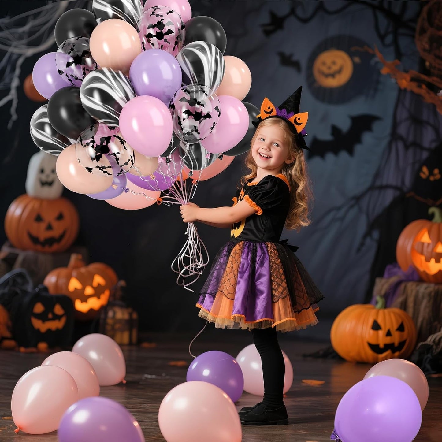 Paready Halloween Balloon, 50pcs Pink Purple Black Balloons, Bat Printed Balloons Black Marble Balloon For Retro Halloween Masquerade Vampire Haunted House Themed Birthday Party Decor Decorations