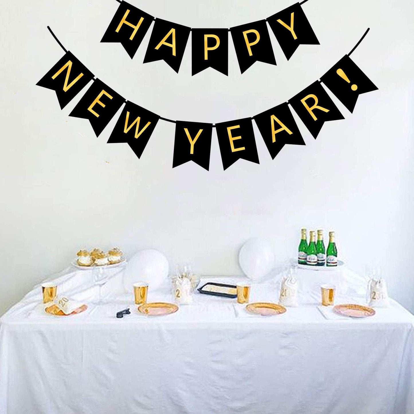 FECEDY Happy New Year Banner Black Bunting with Gold Alphabet for New Year Party Supplier Eve Party