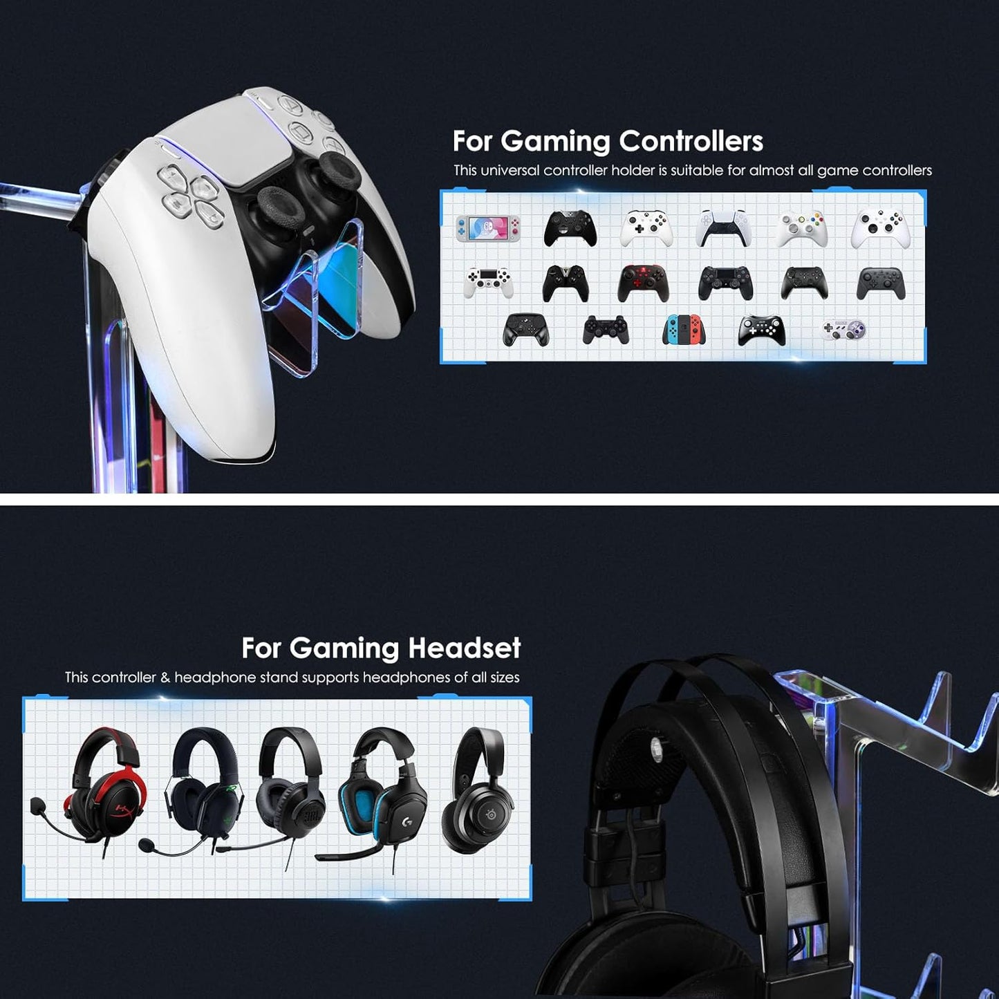 OAPRIRE Controller Holder Headset Stand with Lights, 3 Tier Acrylic Gaming Controller Stand for PS4, PS5, PC, Switch, Universal Design (Black)