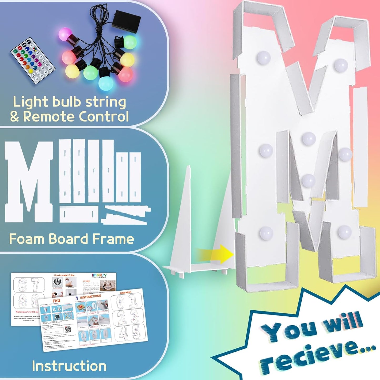 imprsv 3FT Colorful Marquee Light Up Letters M, 18 Colors Large Light up Letters Alphabet Sign with Remote, Big Marry Me Sign, Birthday Party Decorations Baby Shower Anniversary Wedding Decoration