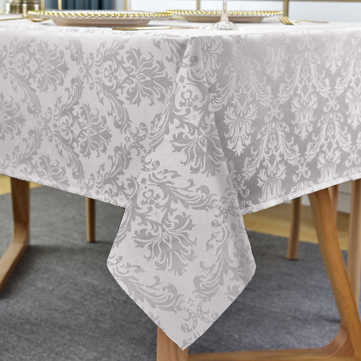 Rectangle Damask Tablecloth Floral Jacquard Washable & Waterproof Polyester Fabric Table Cover for Kitchen Dining Room, Party, Indoor, Outdoor Use, 52 x 70 Inch Grey/Gray