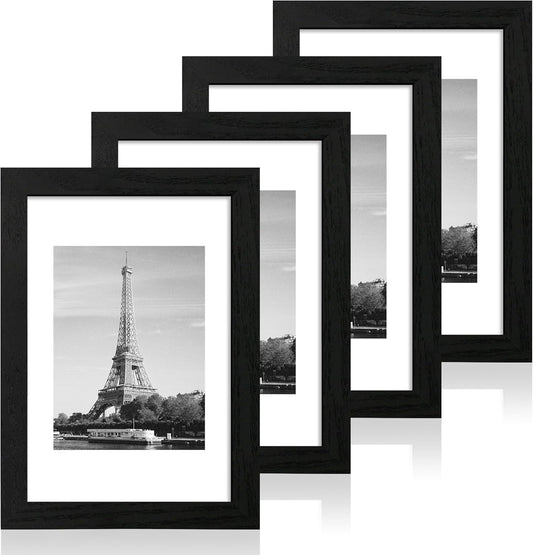 8x12 Picture Frame Set of 4 with HD Glass, Black Frame Display 6x8 Picture with Mat or 8 x 12 Without Mat, Wood Rustic Photo Frame for Tabletop and Wall Mounting