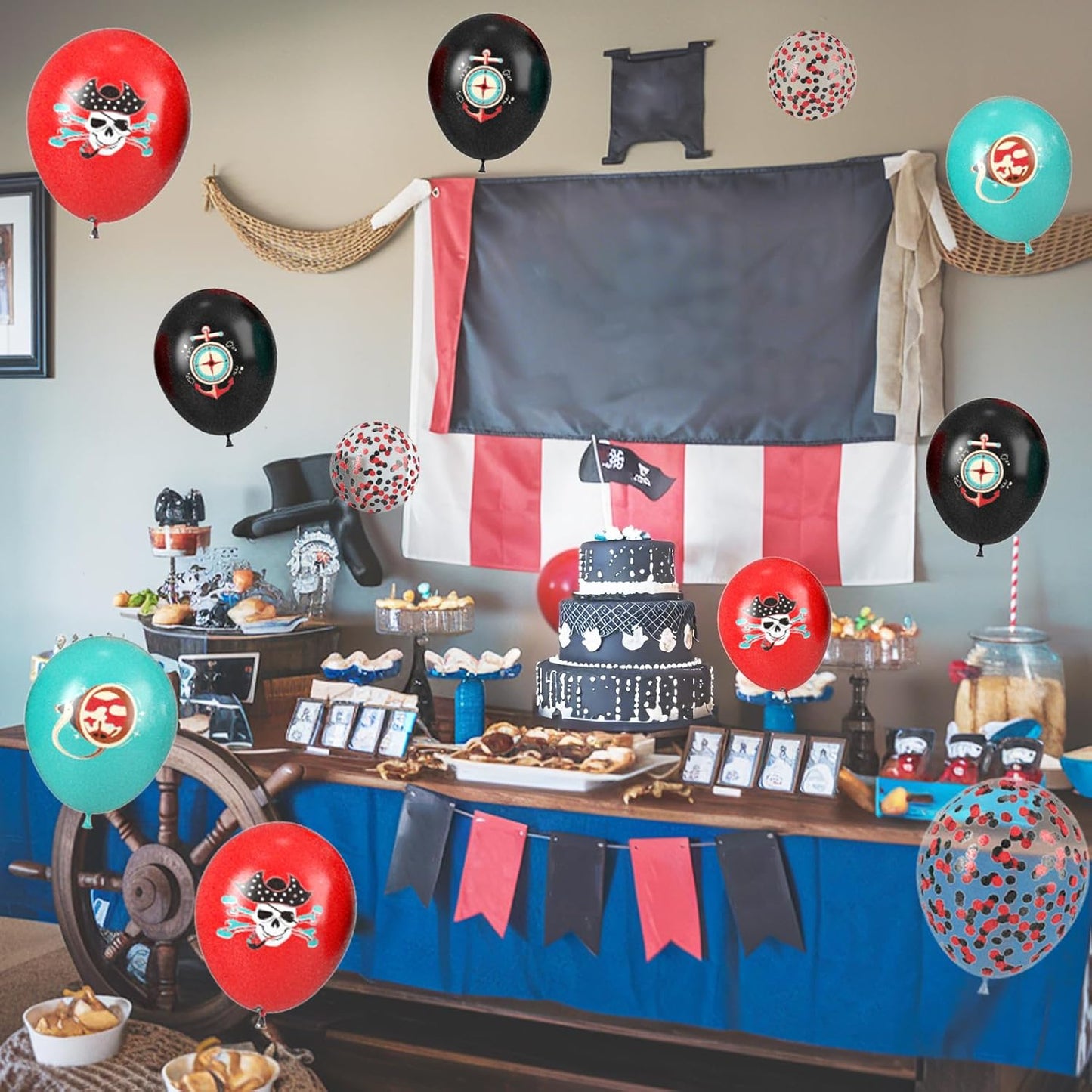 Pirate Balloons, 12 Inch Teal Black Red Confetti Balloons with Pirate Design for Boy Pirate Ship Theme Birthday Party Sea Sailing Graduation Halloween Baby Shower Decorations