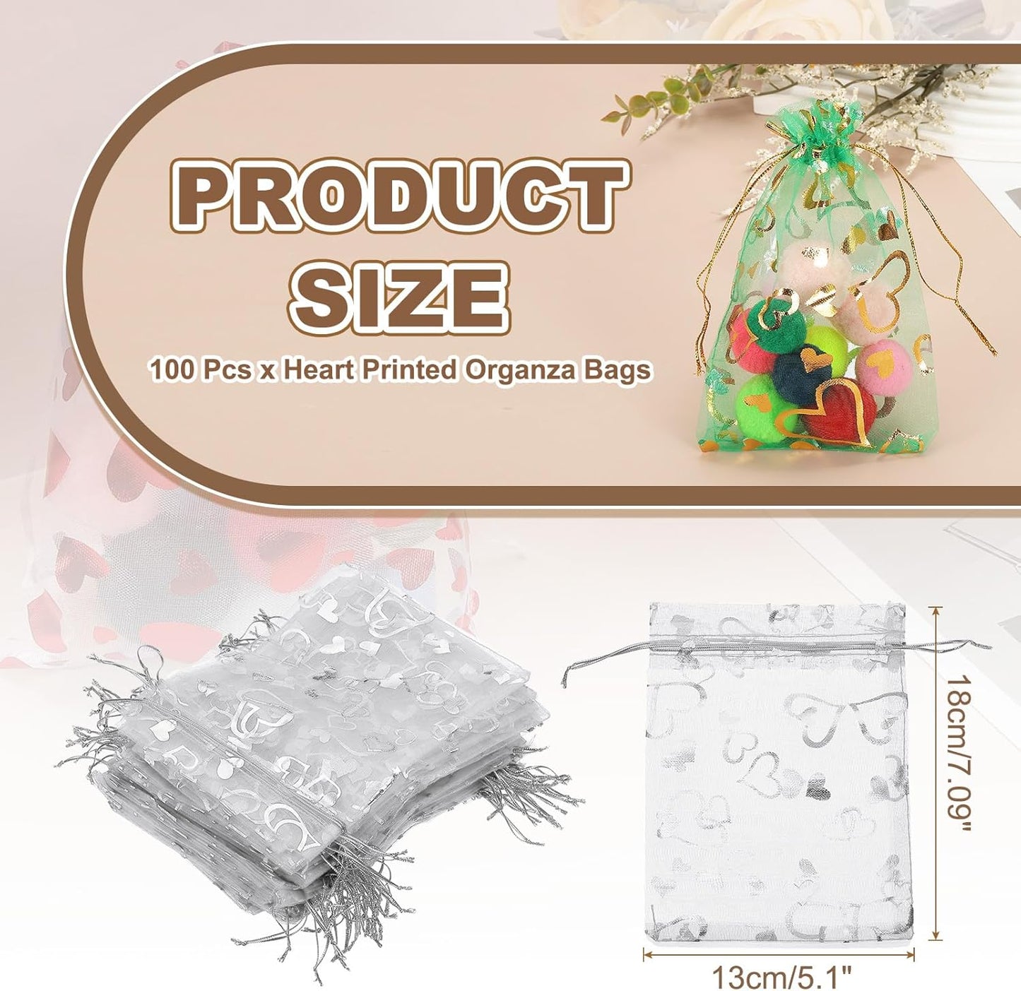 PATIKIL 100 Pcs 5x7 Inch Heart Printed Organza Bags, Silver Sheer Heart Organza Bags with Drawstring for Christmas Candy Jewelry Party Wedding Favor Gift