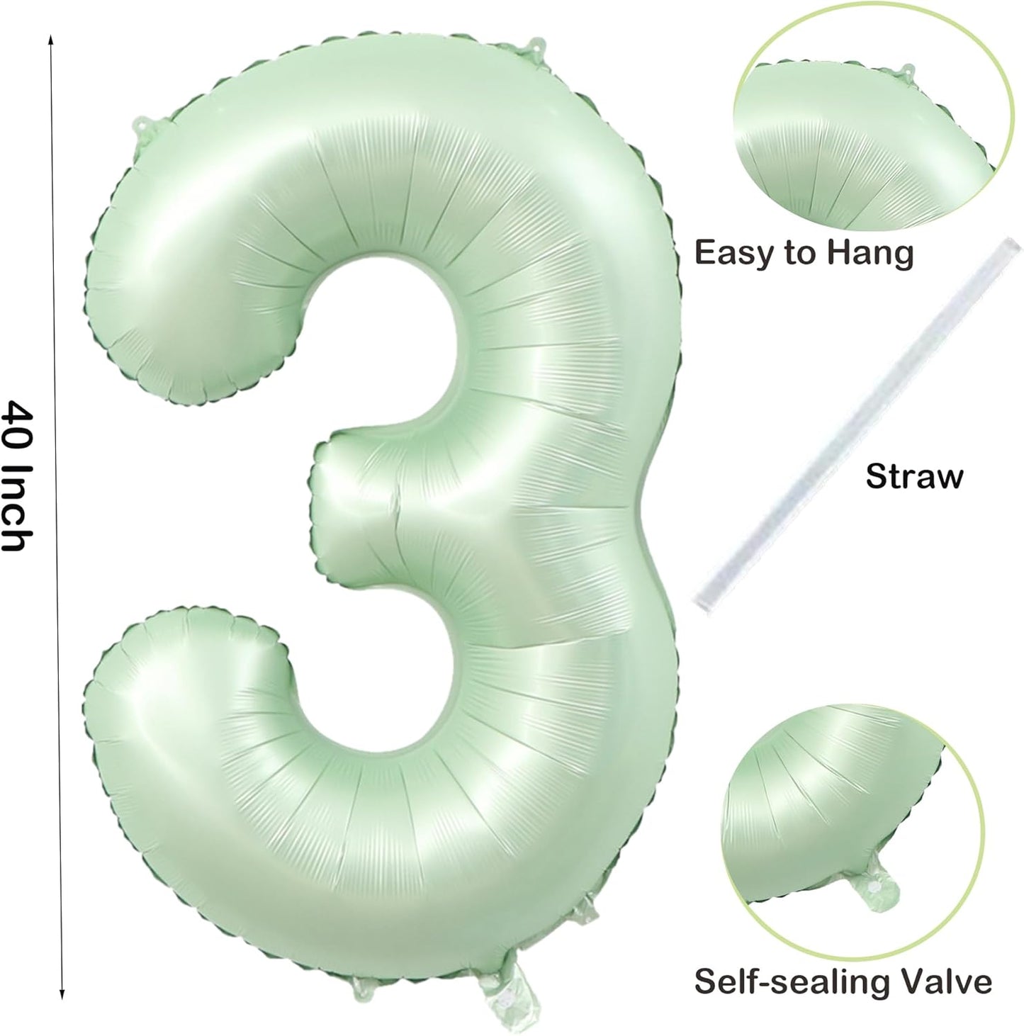 40 inch Olive Green Number 3 Balloon Large Jumbo Digit 3 Foil Helium Number Balloon for Wedding Anniversary Celebration 3rd 13 23 30 Boy Girl Birthday Party Decorations