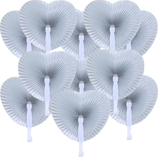 12 Packs Decorative Paper Folding Hand Fans Handheld,Silver Heart Foldable Wedding Fans Chinese and Japanese Fans Bulk for Bridal Guest Church Party Favors Dancing Birthday DIY