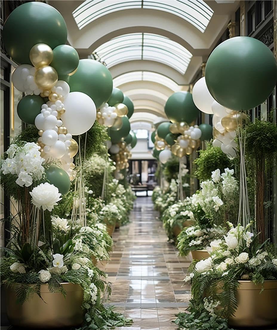 MEBAY Sage Green White Gold Balloon Garland Arch Kit, 146Pcs Latex Balloons Different Sizes 18 12