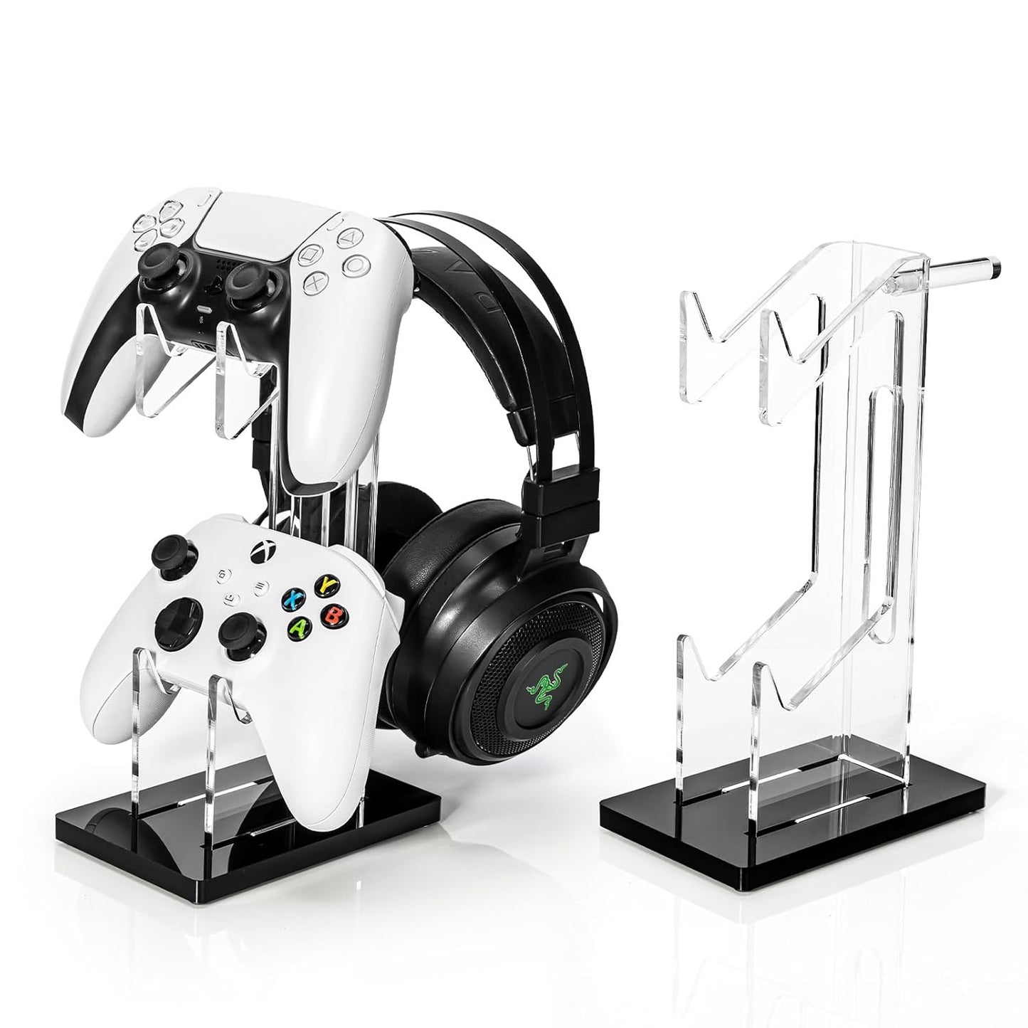 OAPRIRE Headset and Controller Stand, Space-Saving 2 Tier Game Controller Holder, Acrylic Controller and Headset Stand for Desktop, Universal Design Compatible with PS5/PS4/Xbox/Switch (Deep Black)