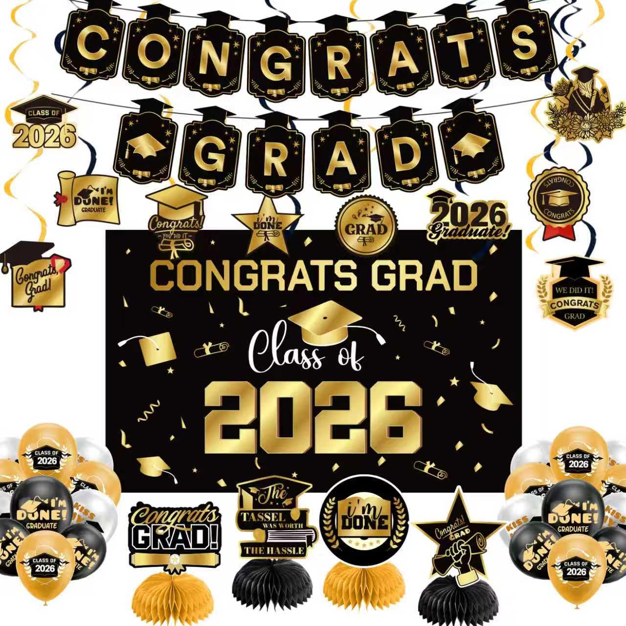 Graduation Decorations 2026 Gold Themed Set - Congrats Grad Banner, Class of 2026 Backdrop