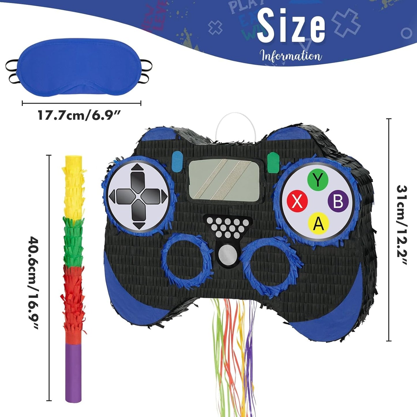 WERNNSAI Video Game Piñata - Game Controller Piñata Bundle with Blindfold and Bat for Boys Kids Piñata Gaming Theme Party Decoration Supplies Pull String Piñata for Birthday Party Celebration Blue