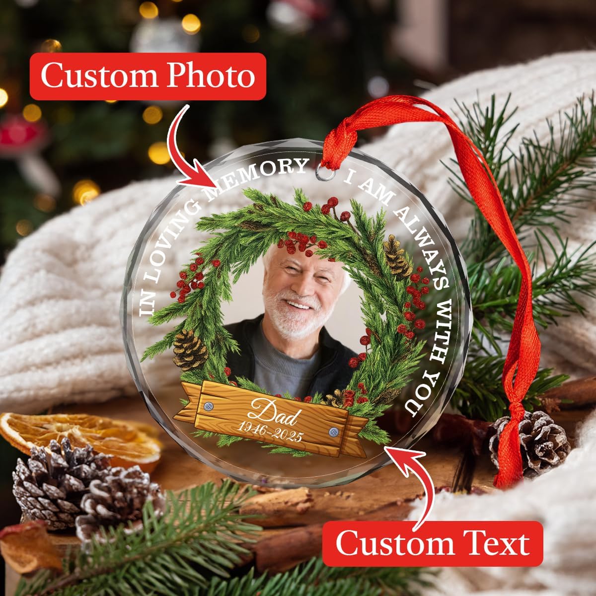 Personalized Memorial Glass Ornament 2025 – I Am Always with You Ornament, Custom Photo Memorial Christmas Ornament, Christmas|Birthday|Anniversary Keepsake for Loss of Loved One (M4)