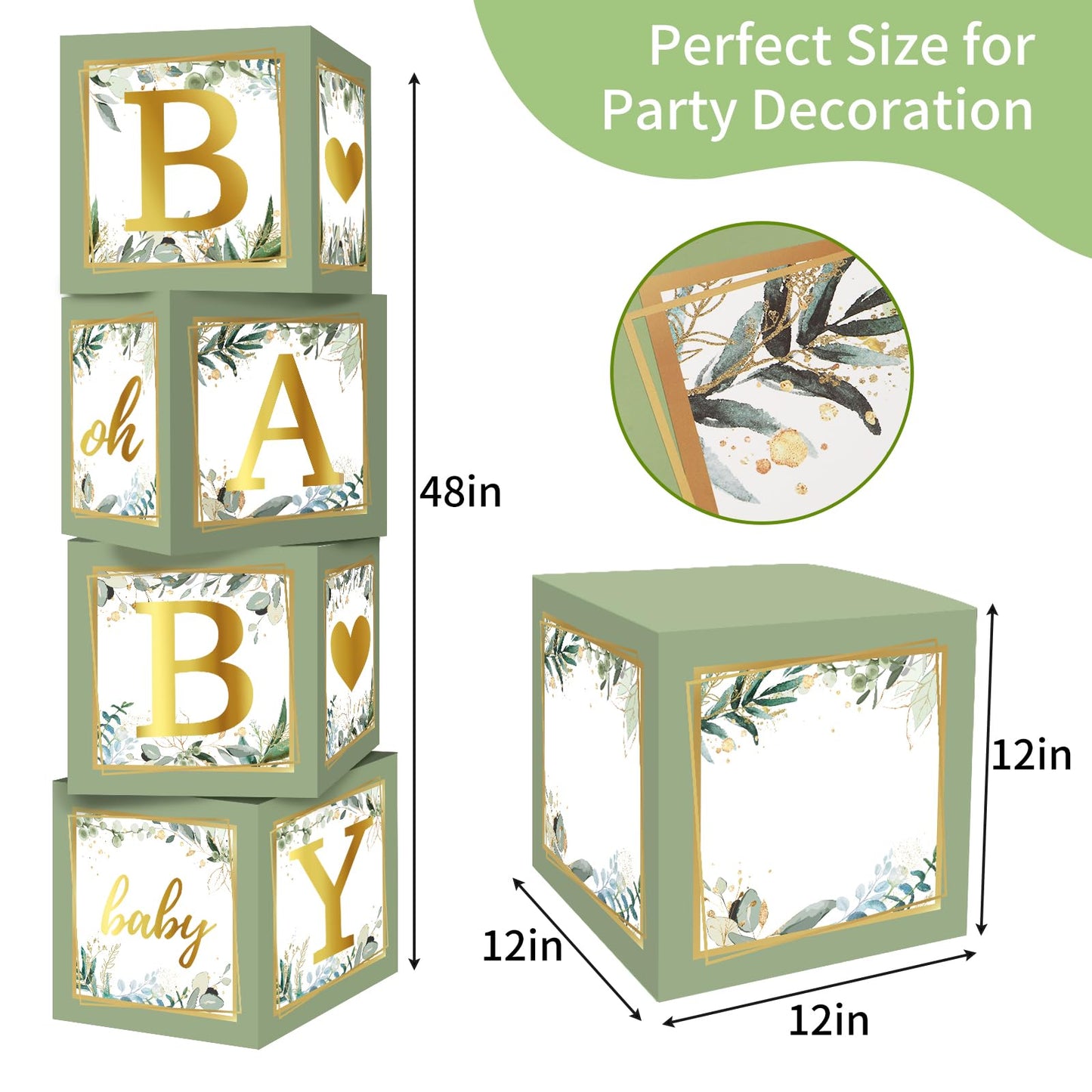 RUBFAC Baby Shower Boxes with Letters, 4pcs Sage Green Baby Shower Decorations for Boy Girl Balloon