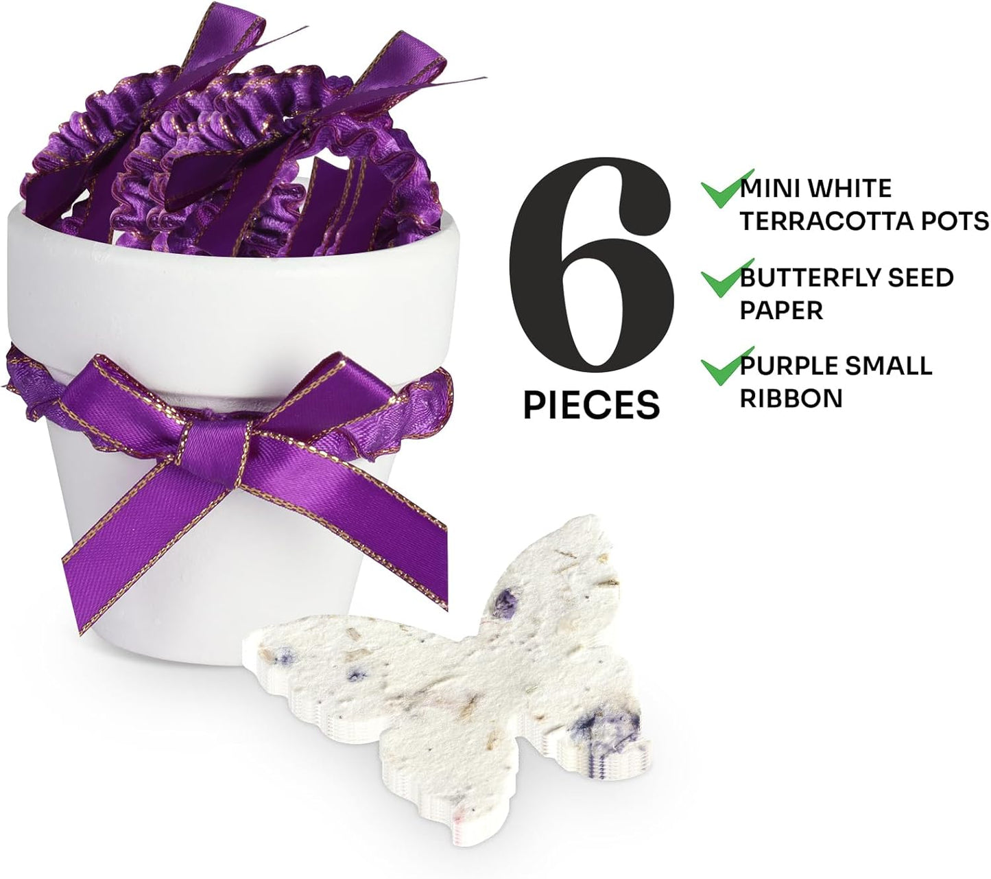 Set of 6 Seed Paper – 6 Purple Butterflies & 6 White Pots with Bow for Baby Shower, Gender Reveal, Birthday, & Other Milestone Celebrations