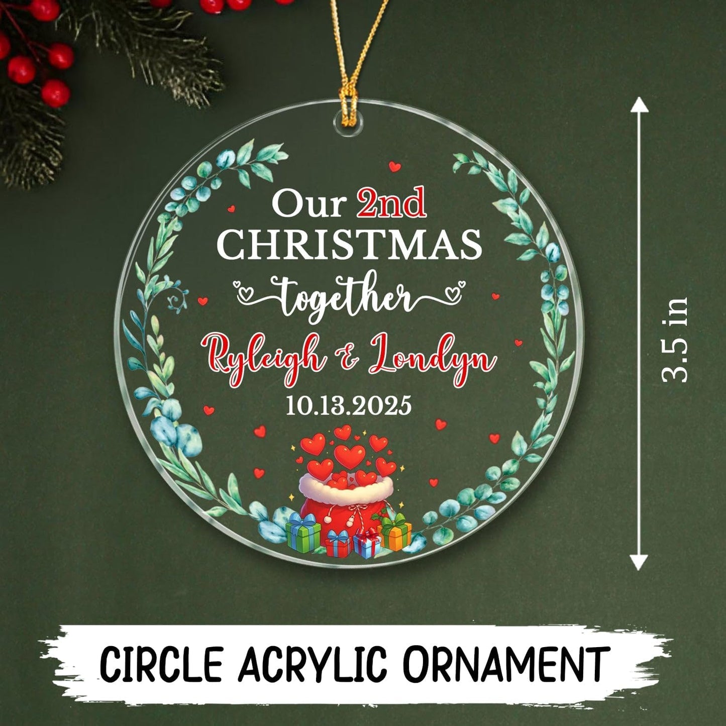 Our 2ND Christmas Together Ornament 2025, Personalized Date & Names Couple Together Xmas Ornament Gift for Dating Anniversary, Custom Mr & Mrs Christmas Ornaments for Women Men Boyfriend Girlfriends