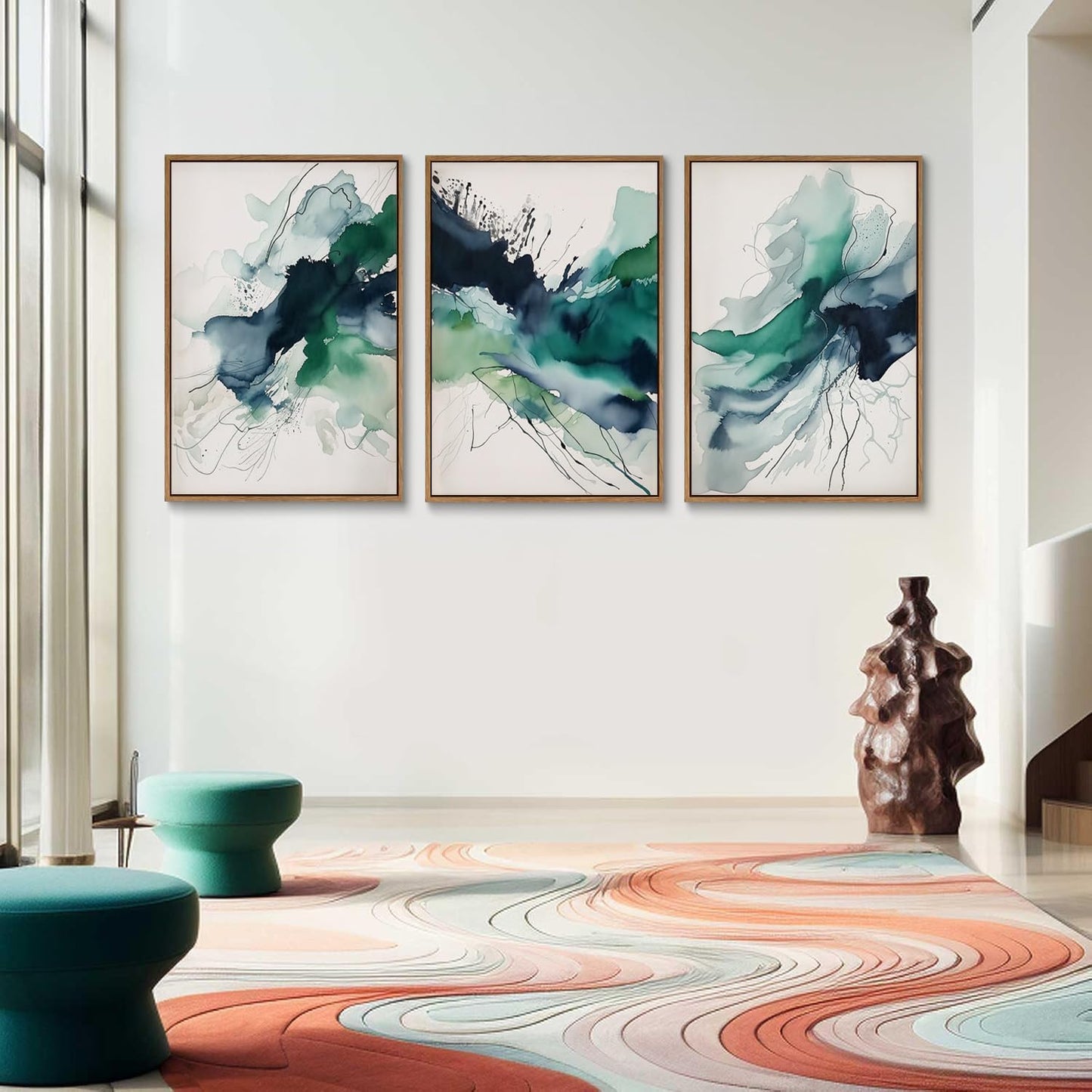 myusuar 3 Piece Large Abstract Framed Wall Art For Living Room, Smoke Texture Ink Emerald Green Canvas Wall Art Modern Minimalist Art Prints Wall Décor For Bedroom Office 24x36in