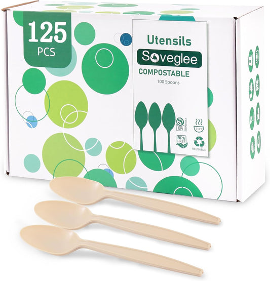 100% Compostable Spoons 125 Count,Disposable Spoons No Plastic Biodegradable Soup Spoons Heavy Duty Silverware, BPA-Free Cutlery Flatware Utensils Ecofriendly,Light Brown