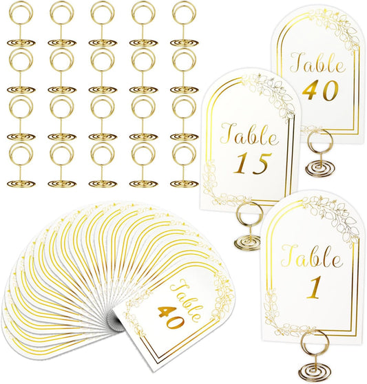 Wedding Table Numbers 1-40, 40 White Gold Cards with 40 Gold TableNumber Holders for Wedding Reception(Card and Holder)