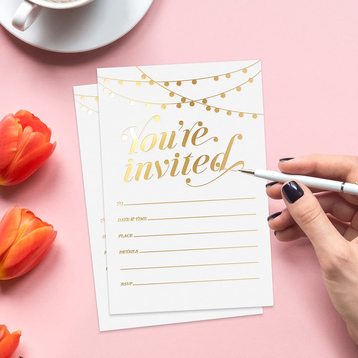 S&O Party Invitations! 25 Gold Foil Traditional Invitations with Envelopes, Wedding, Baby, & Bridal