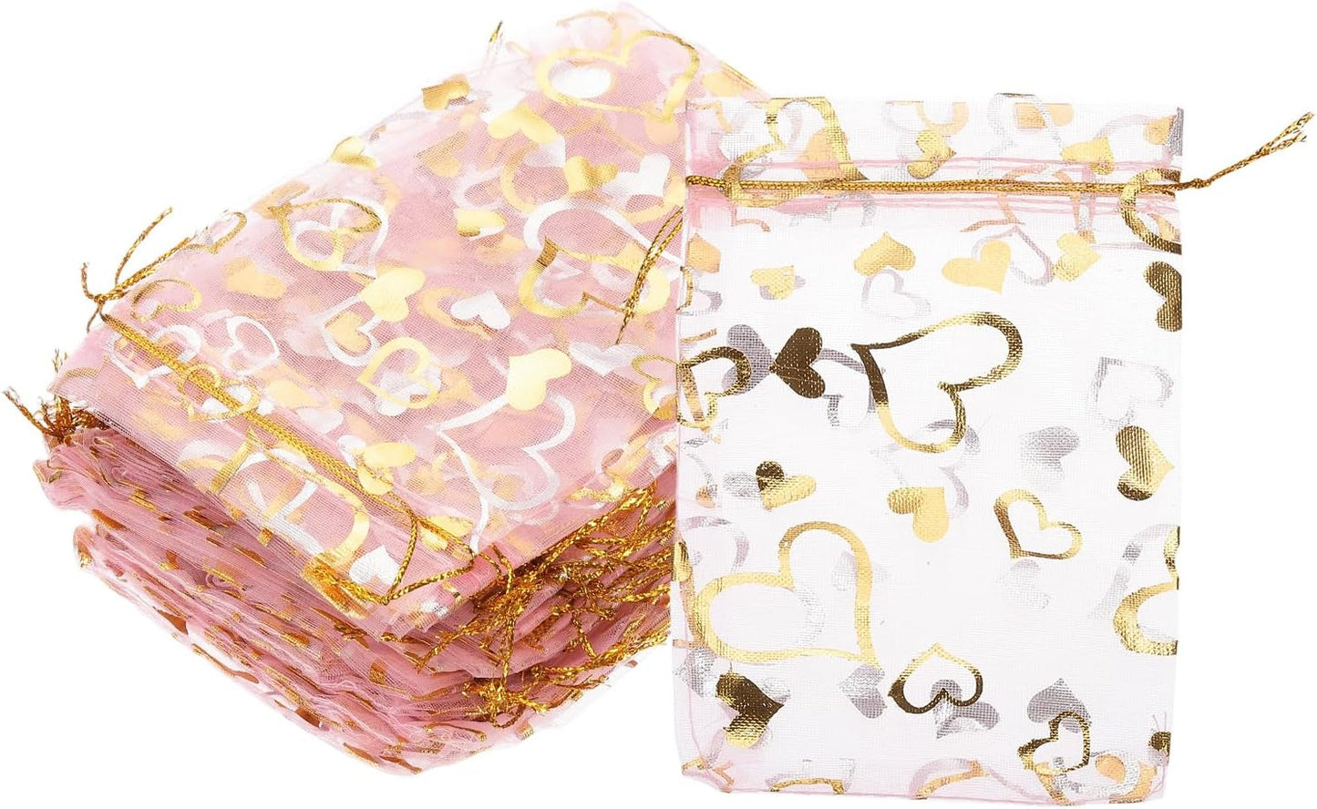 PATIKIL 50 Pcs 4x6 Inch Heart Printed Organza Bags, Pink Sheer Heart Organza Bags with Drawstring for Christmas Candy Jewelry Party Wedding Favor Gift