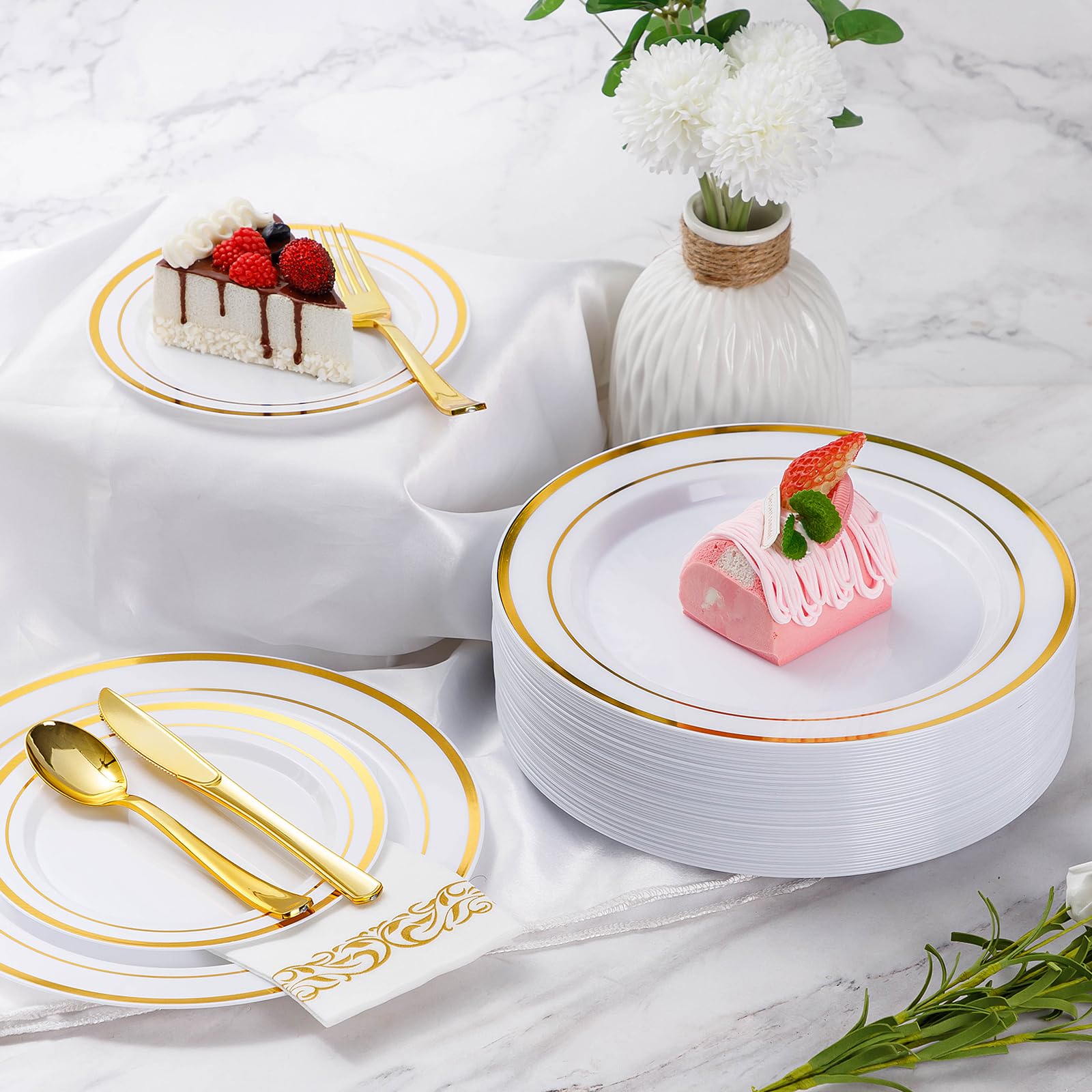 Goodluck 700 Piece Gold Dinnerware Set for 100 Guests, Disposable Plate Set