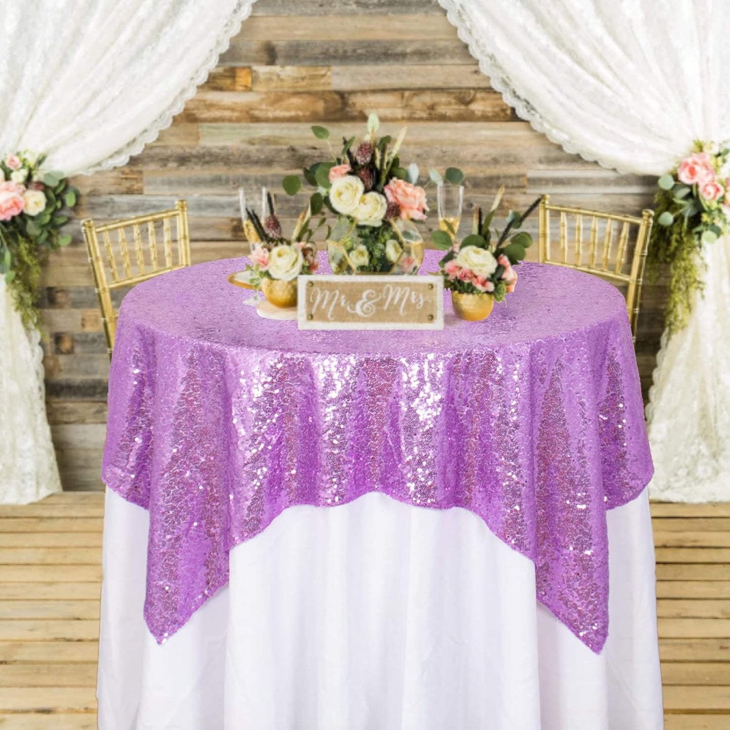 ShinyBeauty 36x36 Inch Sequin Tablecloth 2-Pack - Lilac Sparkle Table Overlay for Weddings, Birthdays, Parties, Lavender Shimmer Square Table Cover