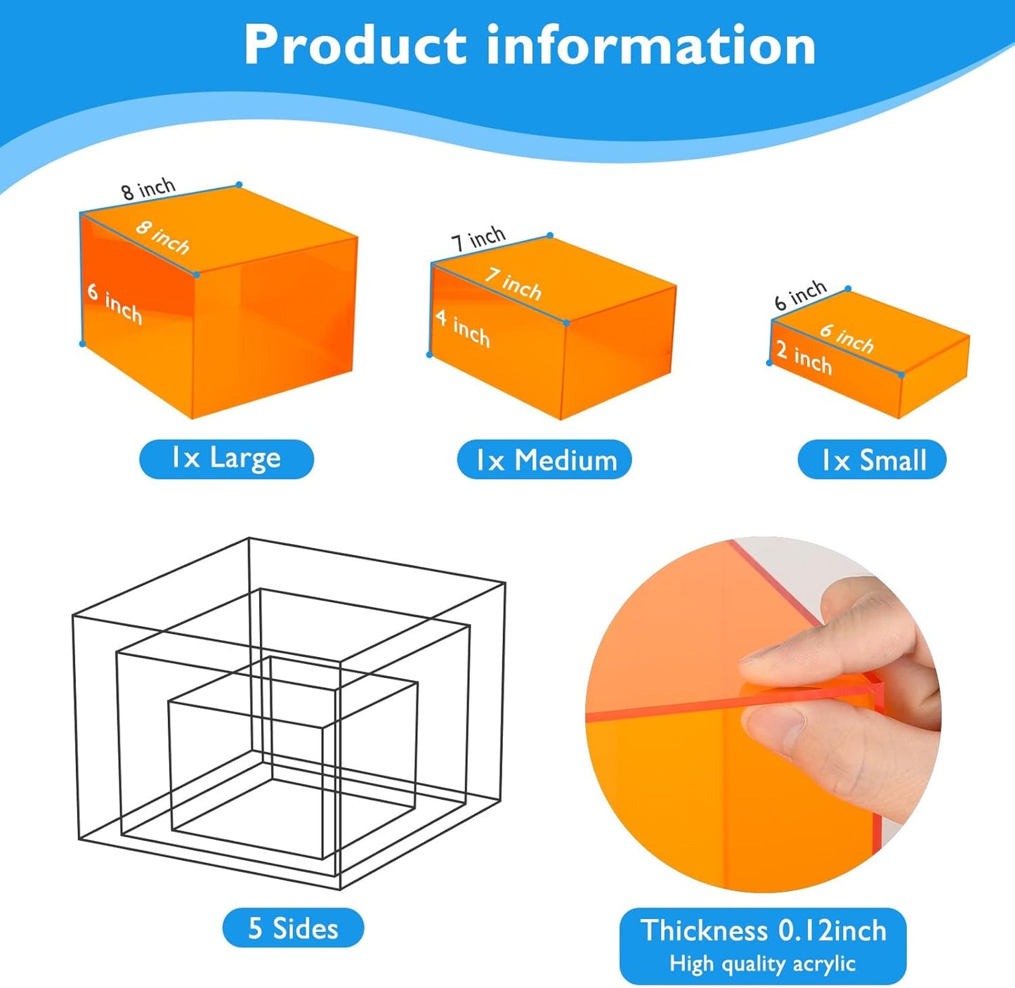 Orange Buffet Risers 3Pcs Acrylic Boxes Display Risers for Buffet Table Parties Weddings Catering Dessert (6''x7''x8'')