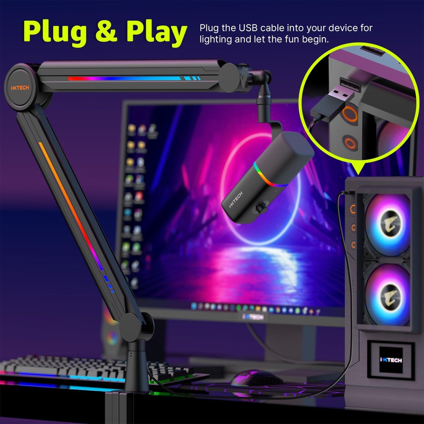 IXTECH RGB Mic Boom Arm High Profile, Overhead Boom Arm Microphone Stand Desk Mount, Adjustable Microphone Stand with Desk Mount, Mic Arm for Live Streaming Gaming Podcasting Recording.