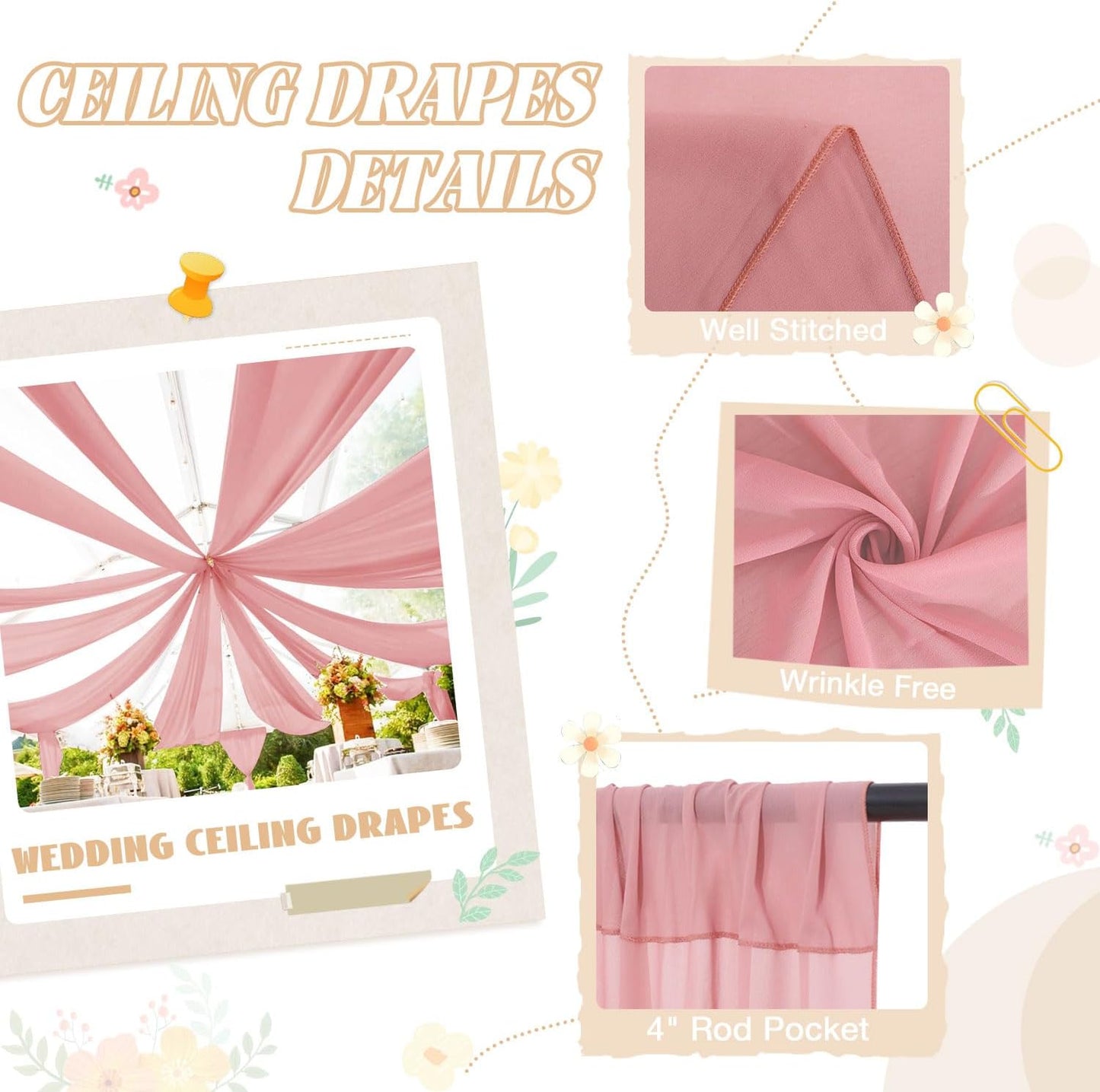 FUHSY Wedding Ceiling Drapes Sheer Fabric for Draping 2 Panels 5x20 FT Dusty Rose Backdrop Curtains for Party Wedding Arch Draping Fabric Chiffon Ceiling Curtains for Outdoor Wedding Ceremony