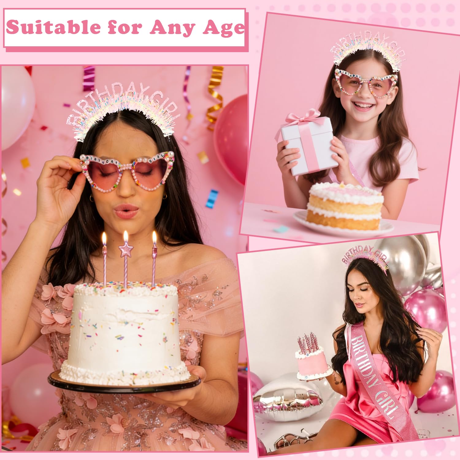 Atoden Birthday Girl Sash Glitter Headband Tiara Crown Sunglasses Pink Happy Birthday Decorations
