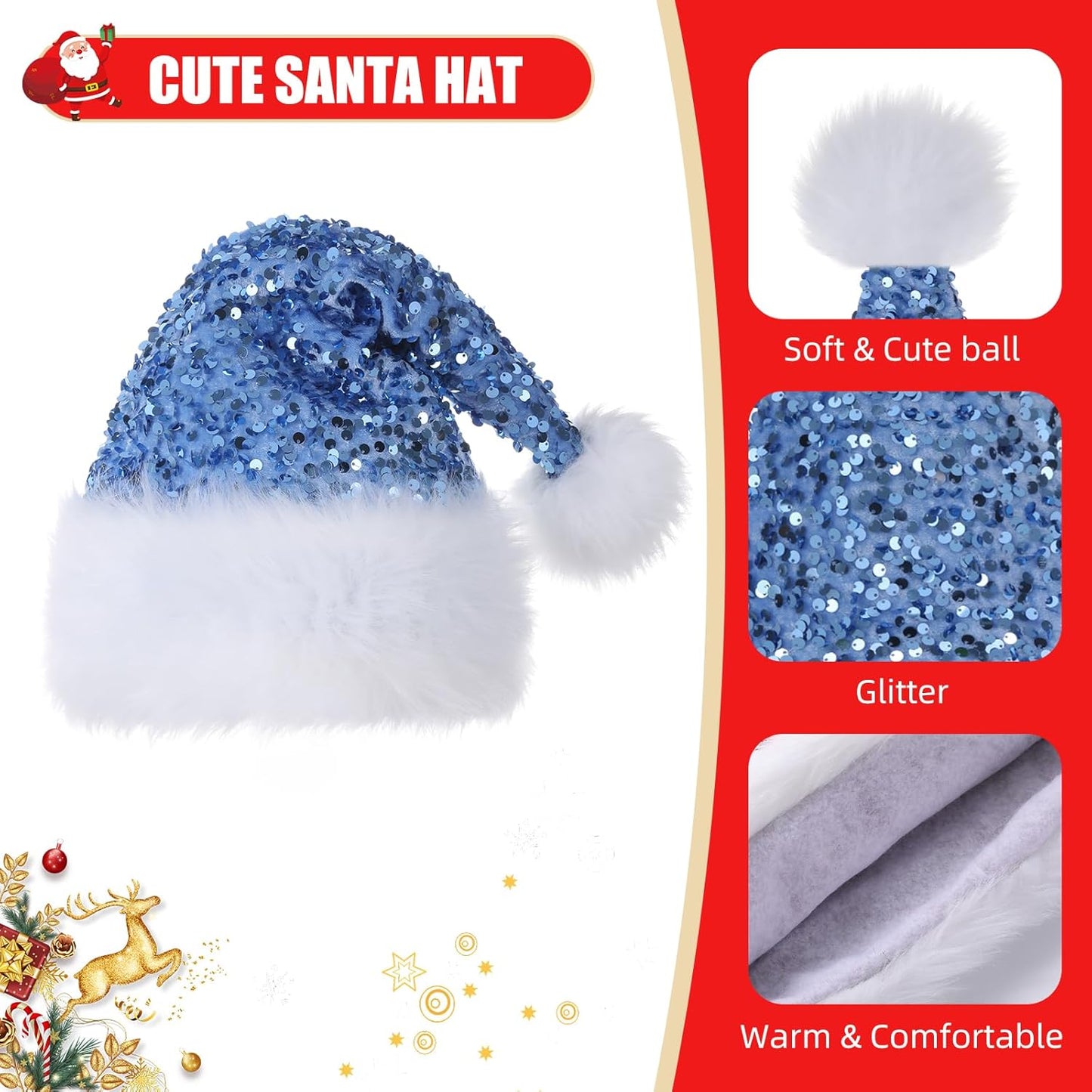 Personalized Sequin Santa Hat for Adults, Red Glitter Christmas Party Hat, Xmas Halloween New Year Holiday Headwear